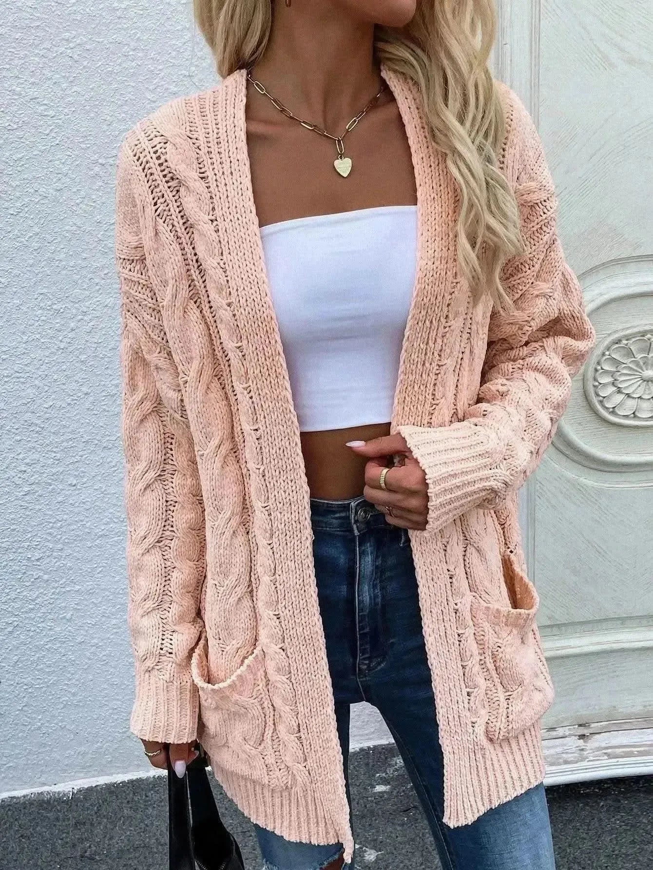 Woven Right Cable-Knit Open Front Cardigan with Front Pockets - Bad Moms Club