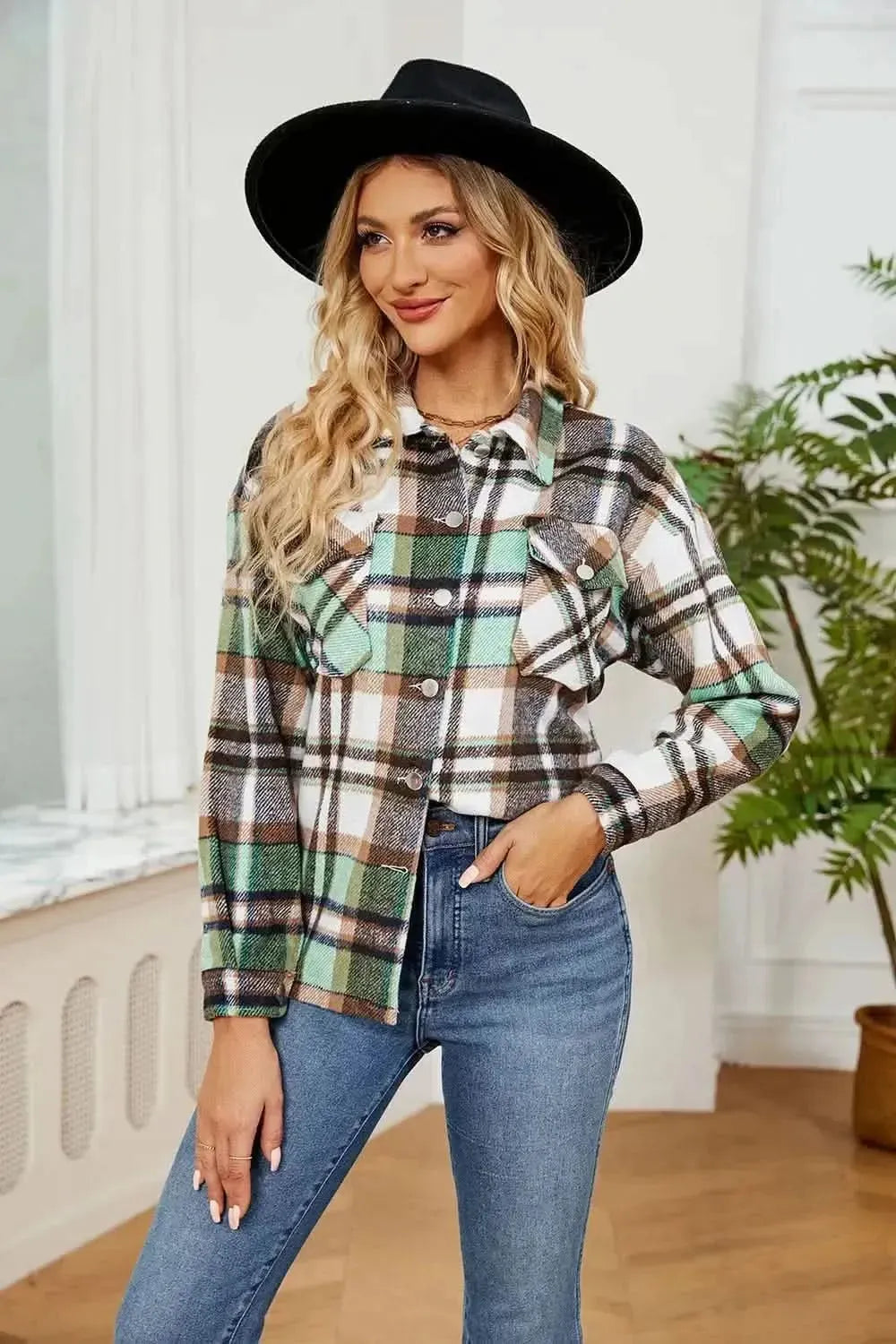 Button Down Collared Plaid Shacket - Bad Moms Club