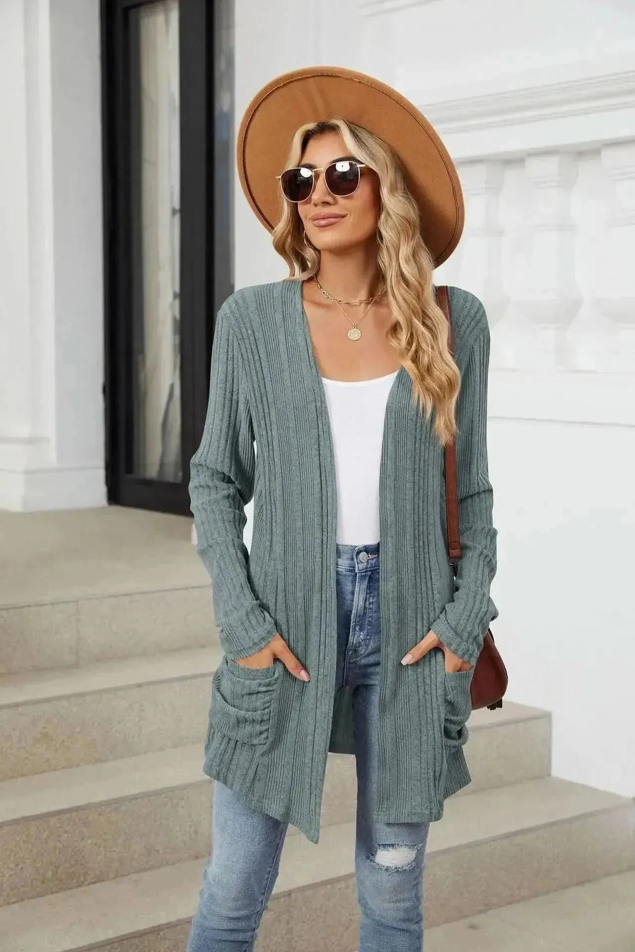 Pocketed Open Front Long Sleeve Cardigan - Bad Moms Club
