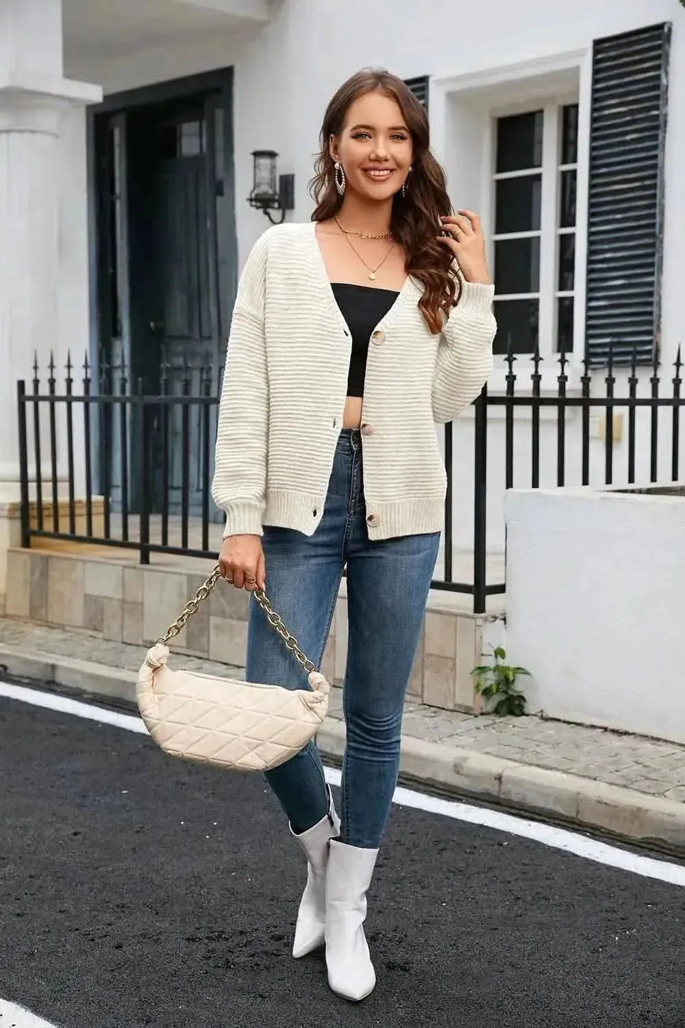 Horizontal Ribbing Button Down Cardigan - Bad Moms Club