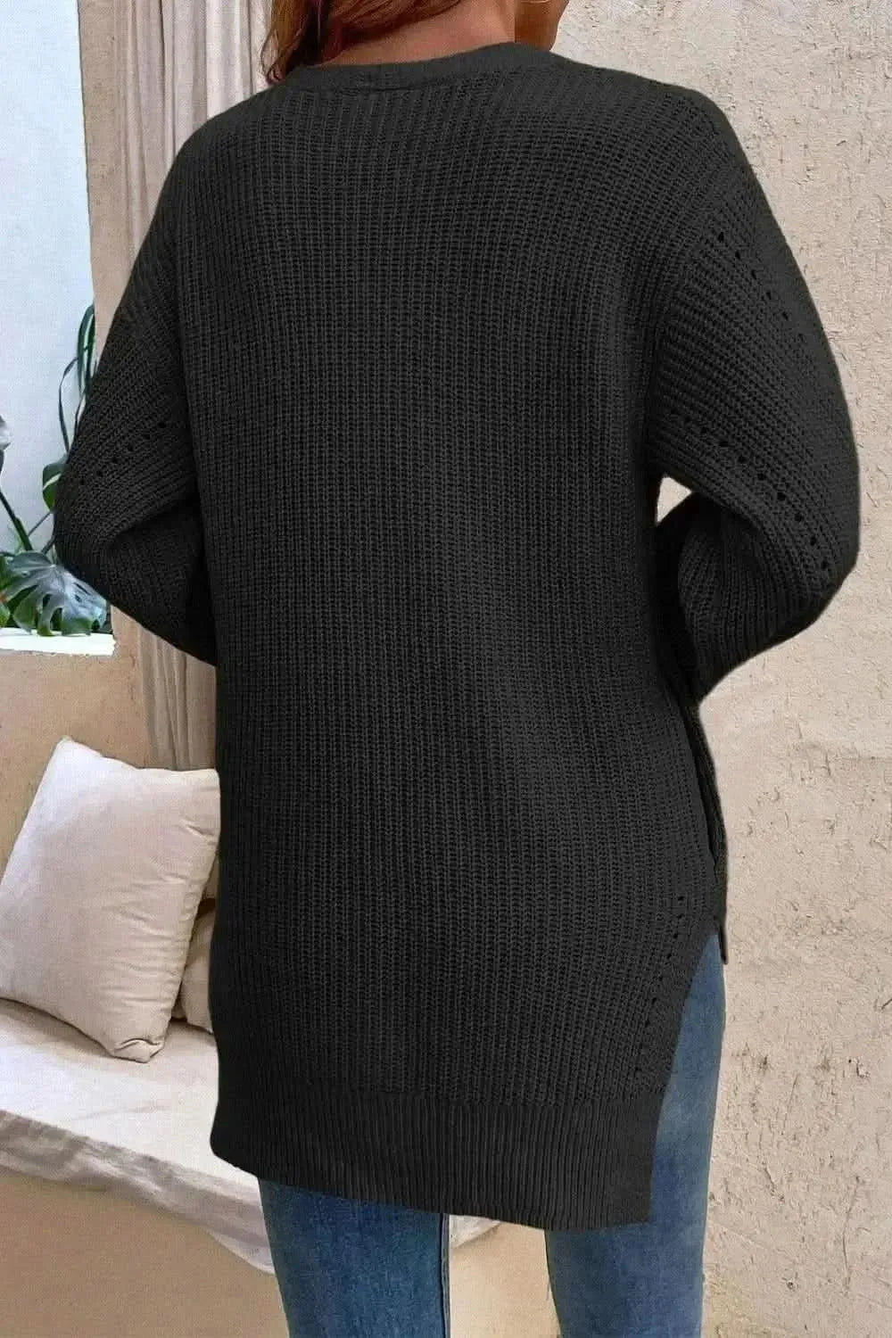 V-Neck Openwork Long Sleeve Cardigan - Bad Moms Club