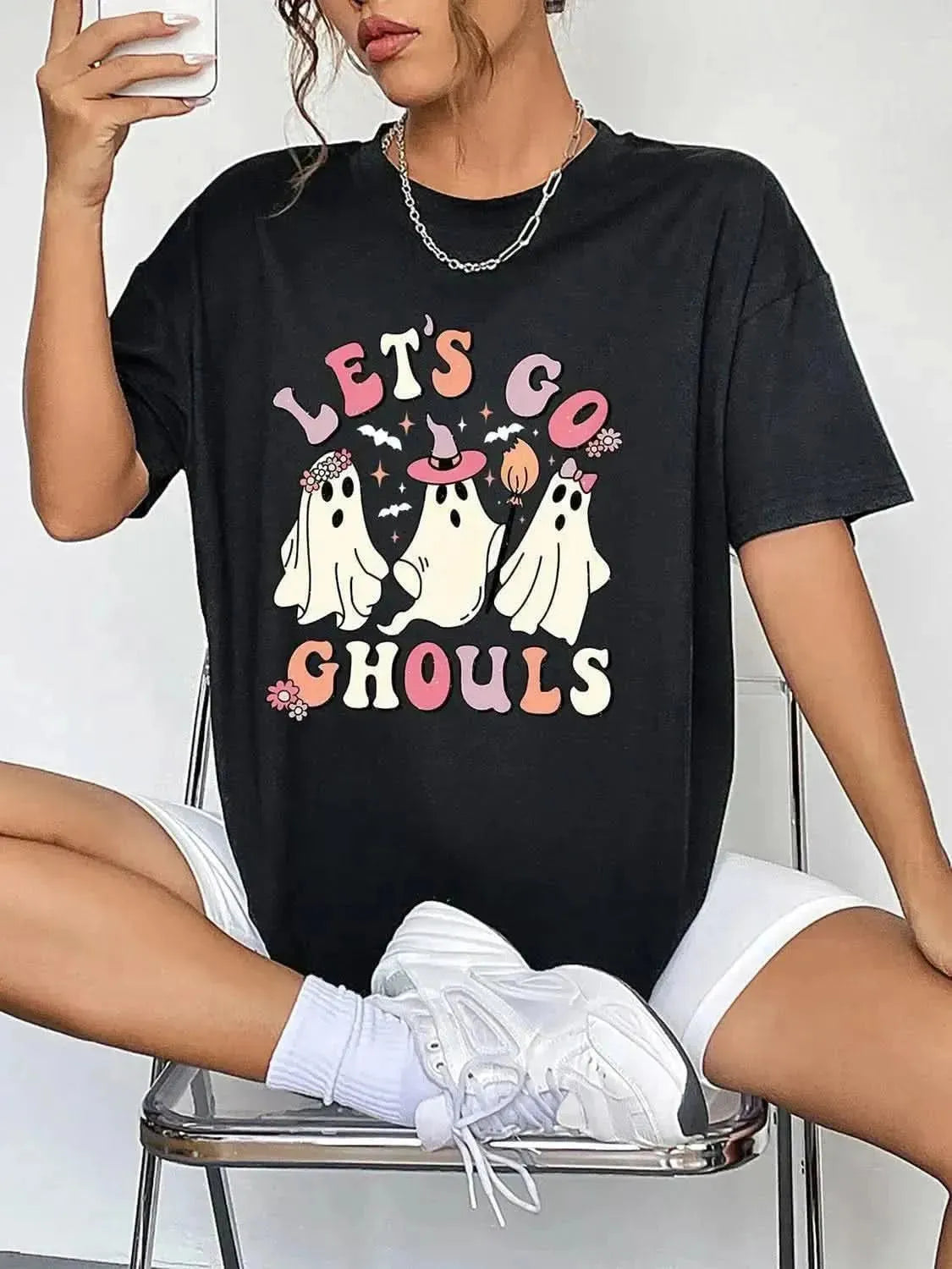 Round Neck Short Sleeve LET'S GO GHOULS Graphic T-Shirt - Bad Moms Club
