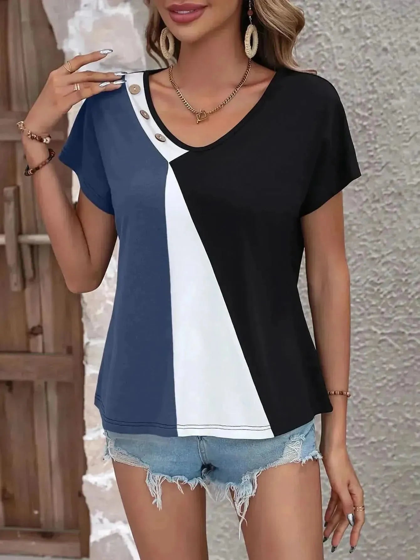 Ivy Lane Color Block Decorative Button V-Neck Tee - Bad Moms Club