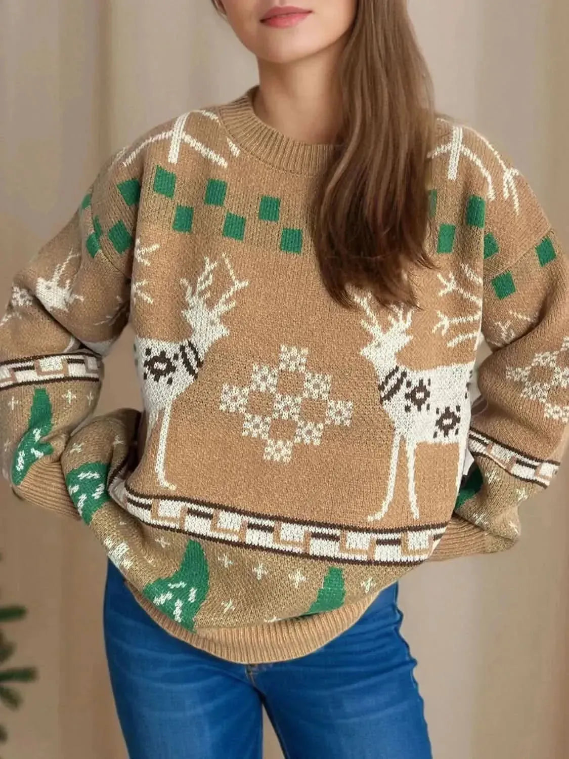 Christmas Element Round Neck Long Sleeve Sweater - Bad Moms Club