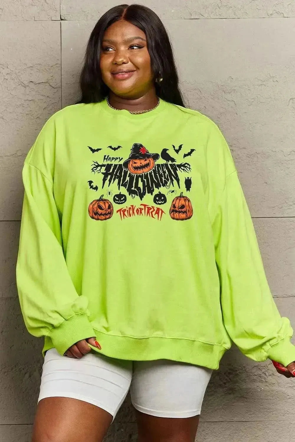 Simply Love Full Size HAPPY HALLOWEEN TRICK OR TREAT Graphic Sweatshirt - Bad Moms Club