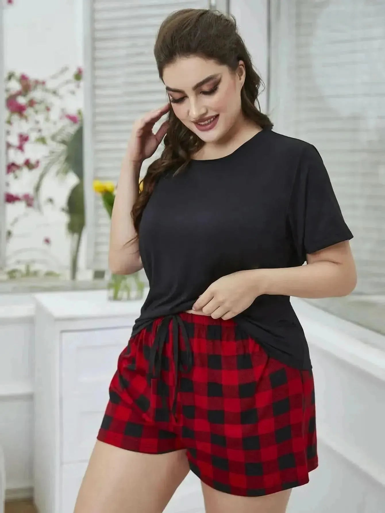 Plus Size Round Neck Tee Shirt and Plaid Shorts Lounge Set - Bad Moms Club
