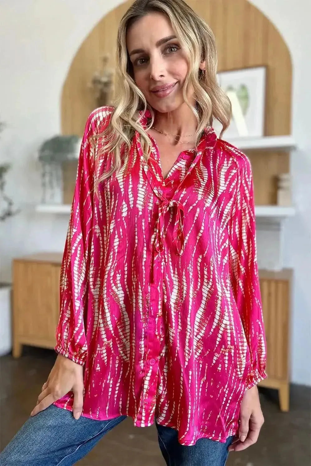 Double Take Full Size Printed Button Up Long Sleeve Shirt - Bad Moms Club