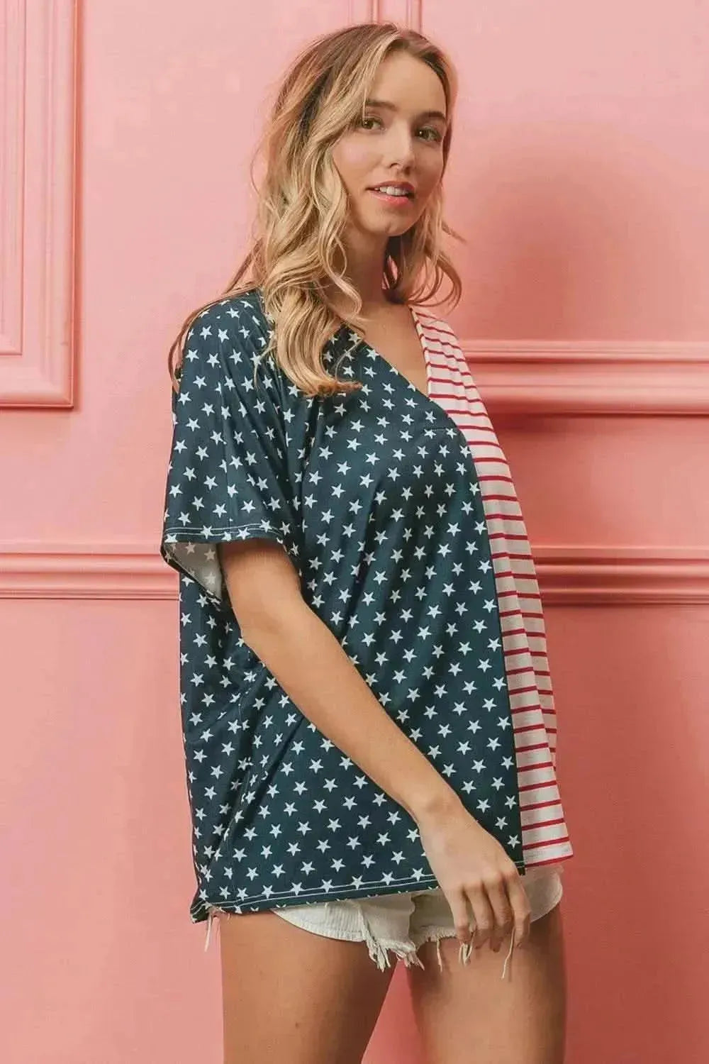 BiBi US Flag Themed Color Block Short Sleeve T-Shirt - Bad Moms Club