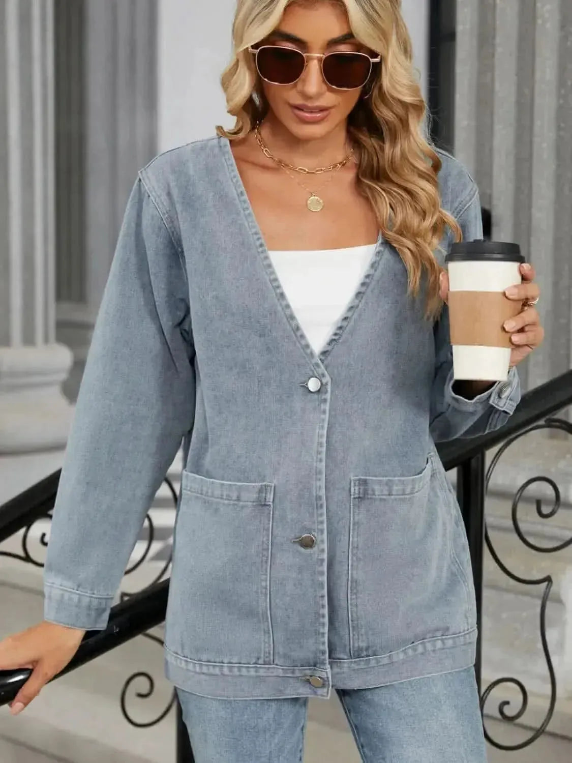 Pocketed V-Neck Button Up Denim Jacket - Bad Moms Club