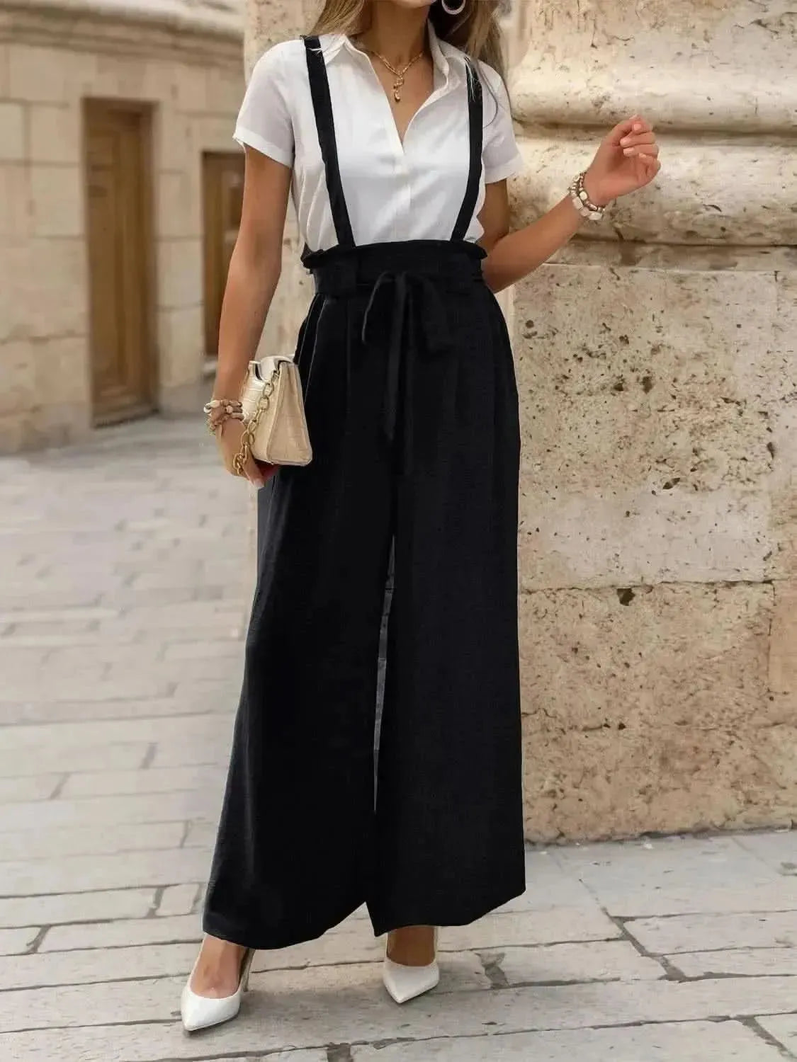 Perfee Tied Wide Leg Pants with Shoulder Straps - Bad Moms Club
