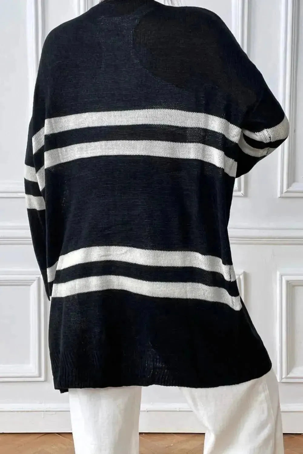 Striped Open Front Dropped Shoulder Cardigan - Bad Moms Club