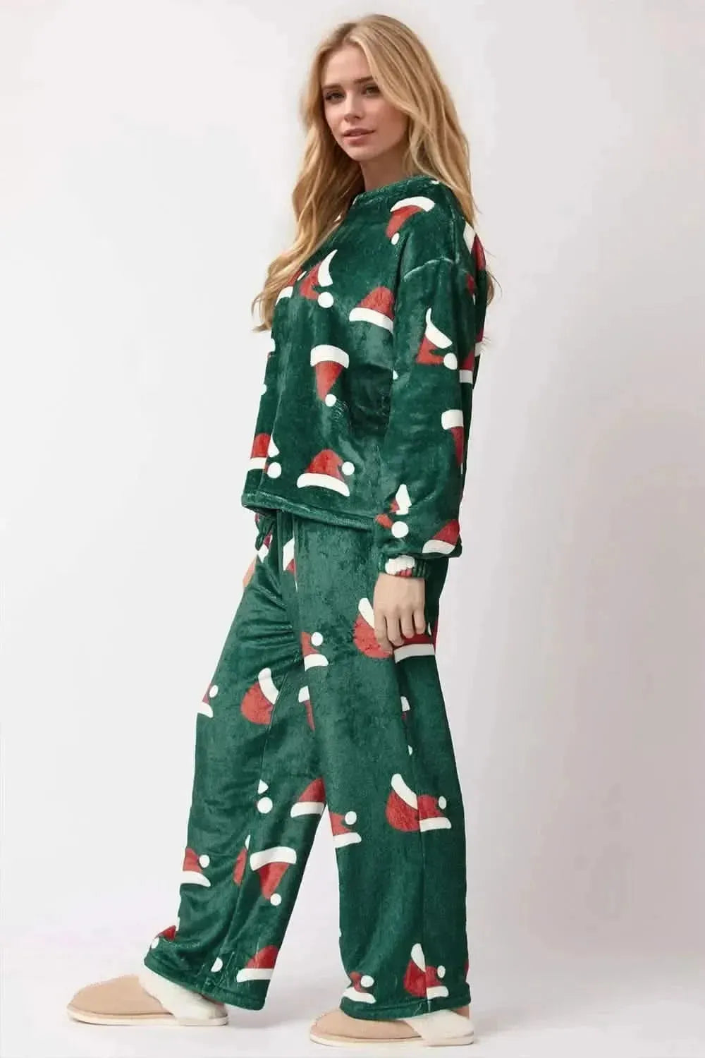 Christmas Hat Pattern Round Neck Long Sleeve Top and Pants Set - Bad Moms Club