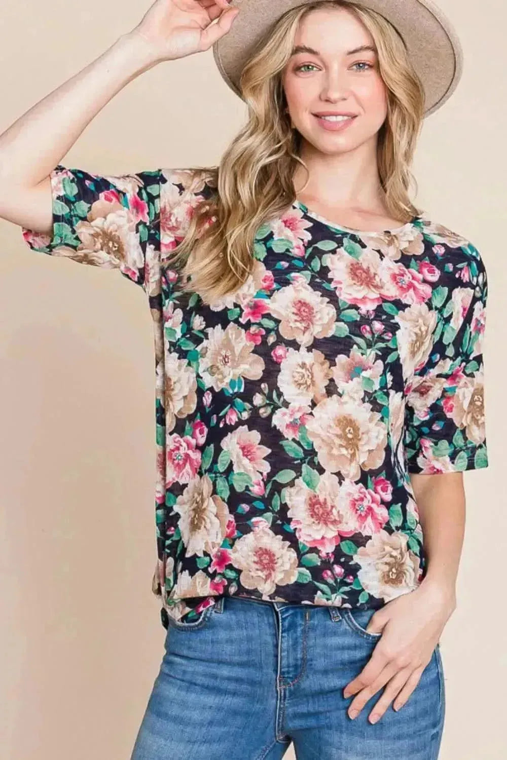 BOMBOM Floral Round Neck T-Shirt - Bad Moms Club