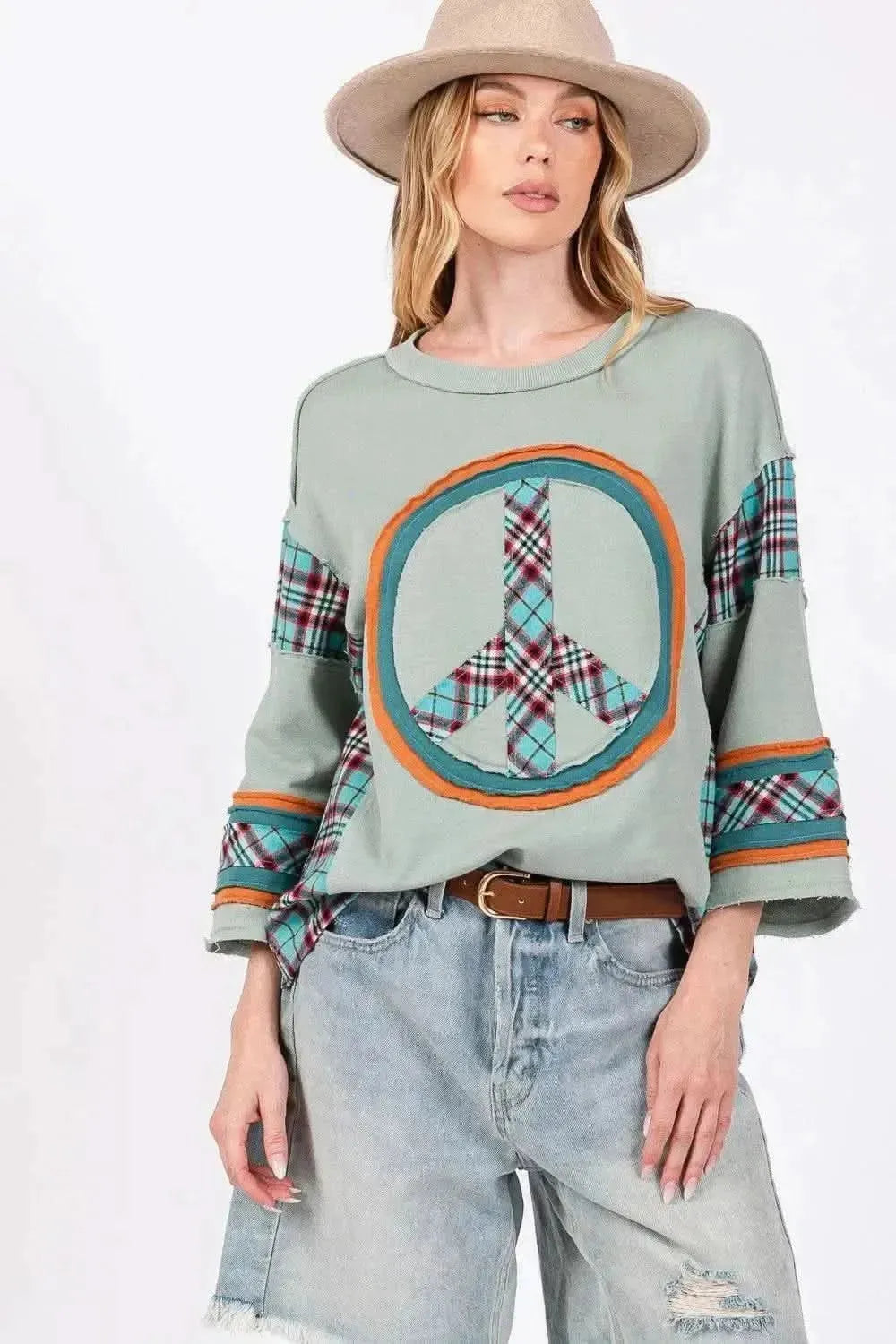 SAGE + FIG Peace Applique Patch Contrast Plaid Top - Bad Moms Club