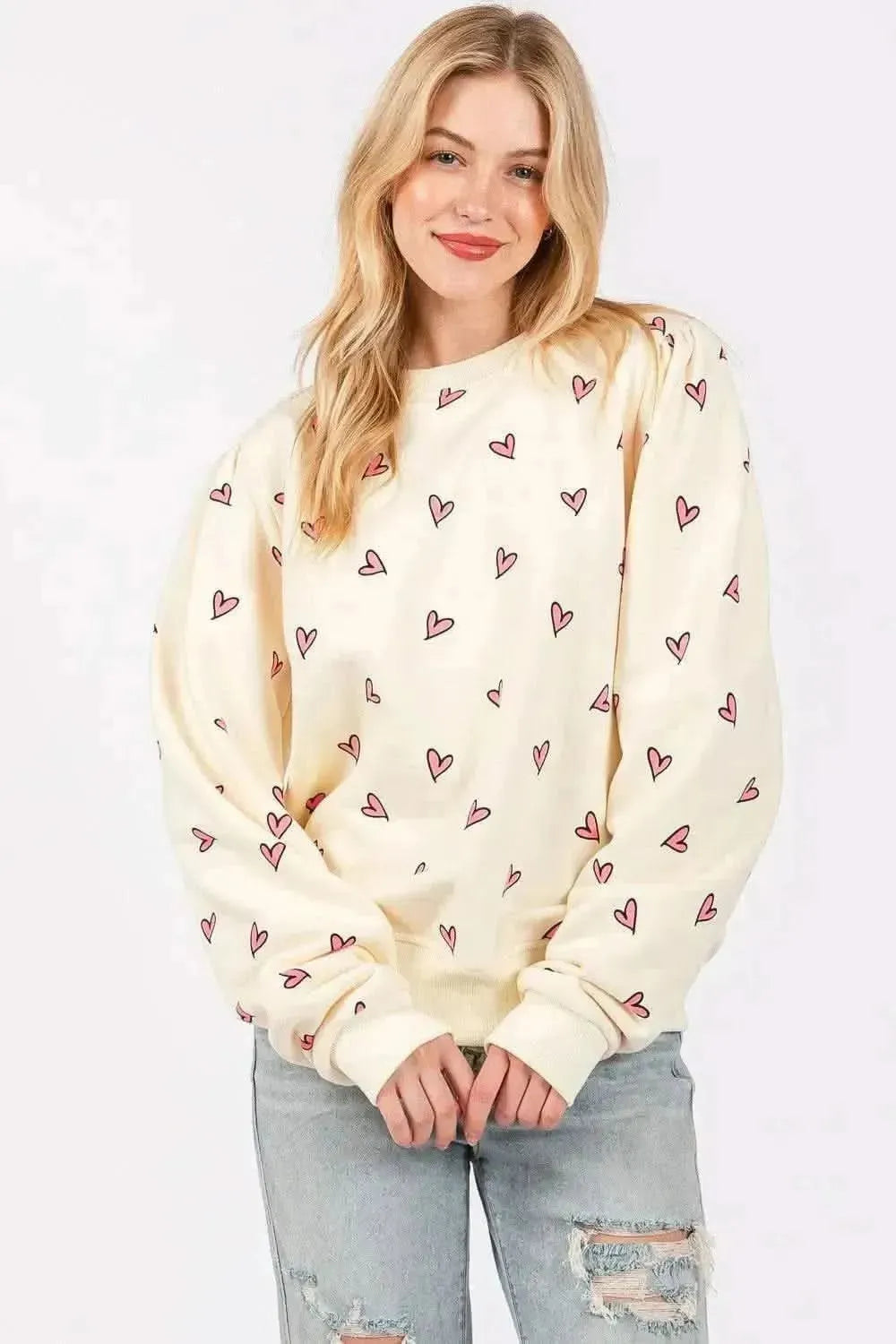 SAGE + FIG Heart Printed Contrast Long Sleeve Sweatshirt - Bad Moms Club