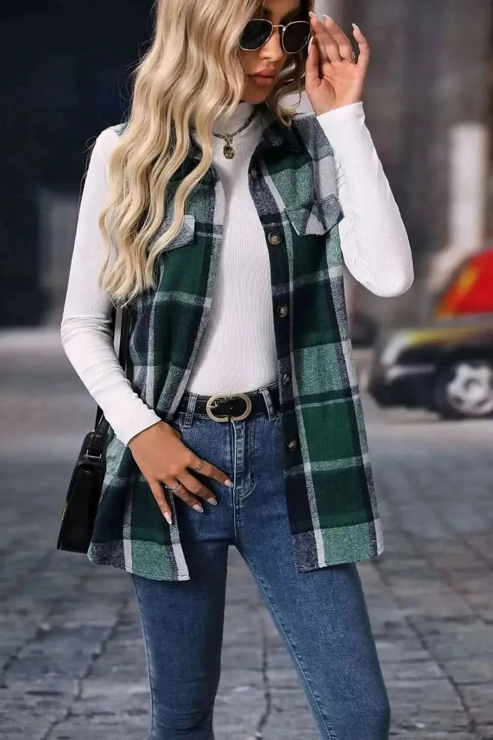 Plaid Button Up Vest Coat - Bad Moms Club