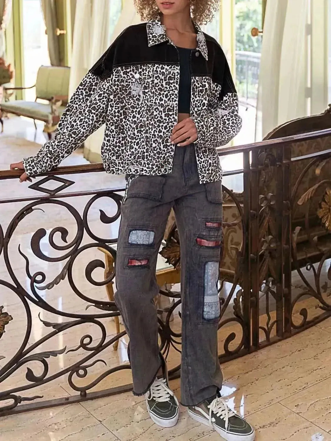 Leopard Print Dropped Shoulder Long Sleeve Denim Jacket - Bad Moms Club