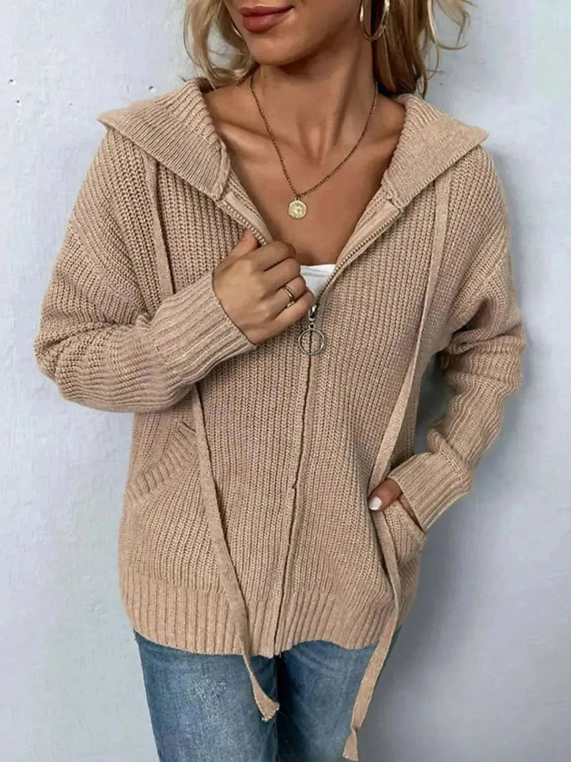 Zip-Up Drawstring Detail Hooded Cardigan - Bad Moms Club