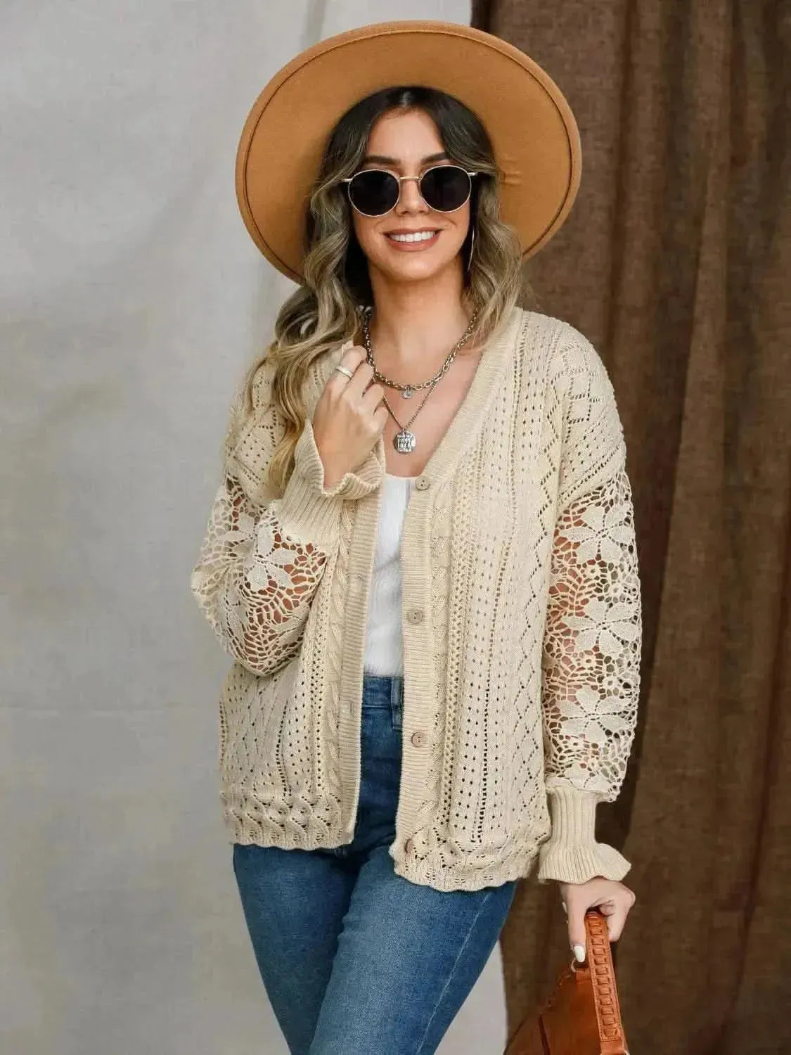 Eyelet Button Up Lantern Sleeve Cardigan - Bad Moms Club