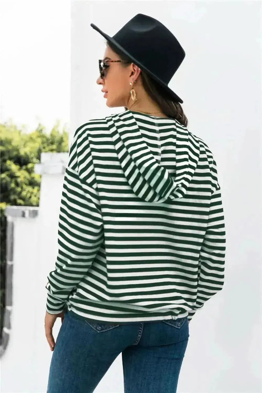 Striped Half-Button Dropped Shoulder Hoodie - Bad Moms Club