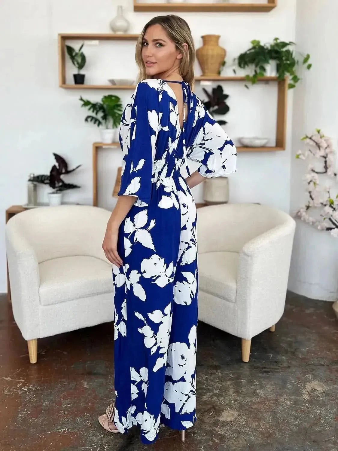 Double Take Full Size Printed Tie Back Wide Leg Jumpsuit - Bad Moms Club