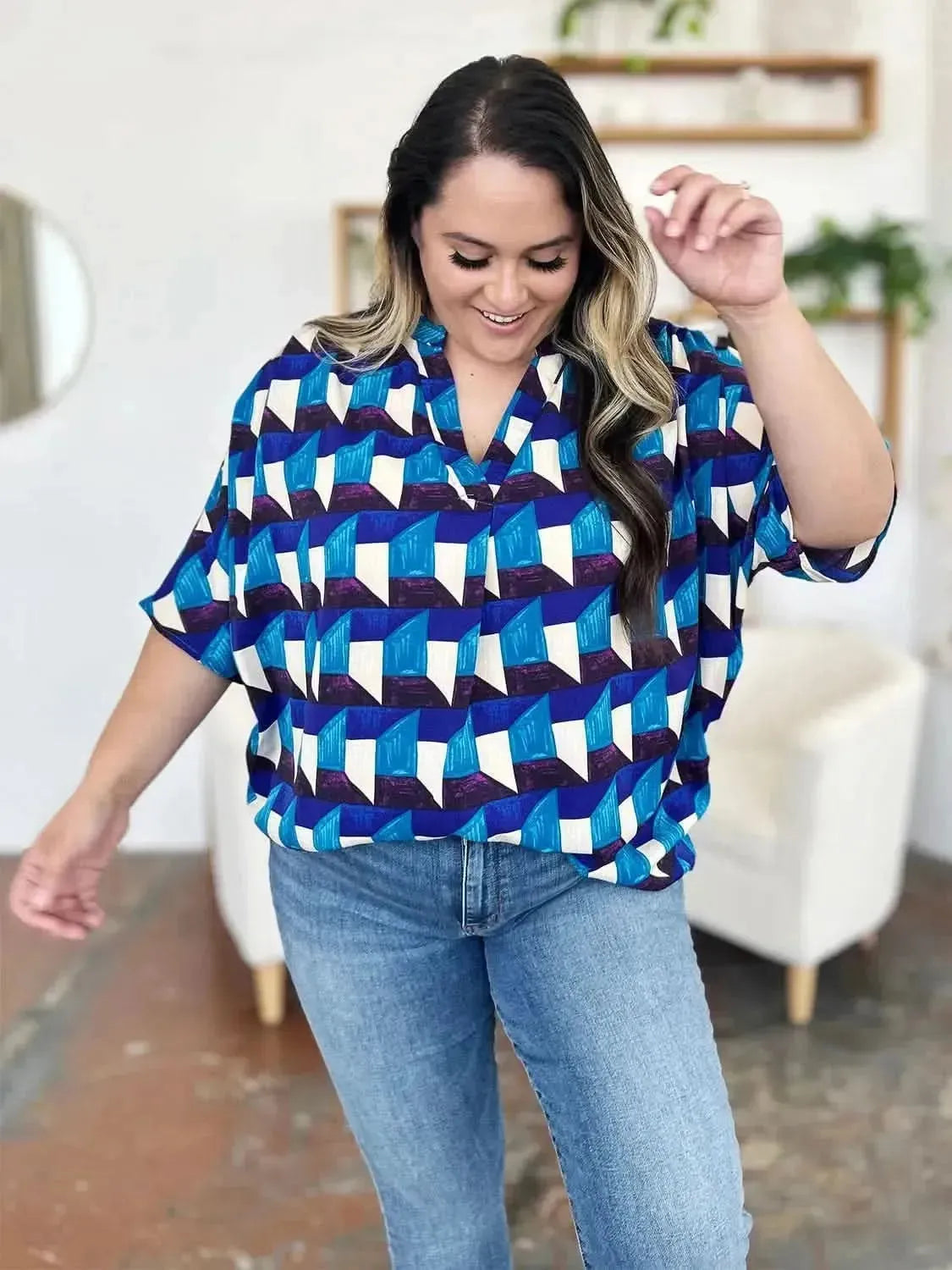 Double Take Full Size Geometric Notched Half Sleeve Blouse - Bad Moms Club