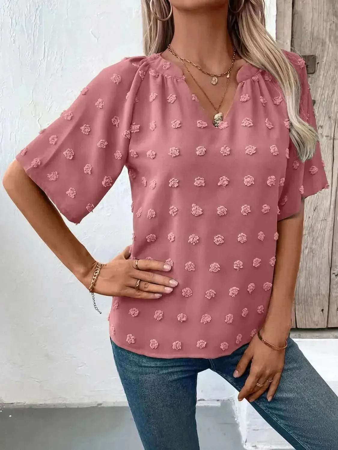 Ivy Lane Swiss Dot Notched Half Sleeve Blouse - Bad Moms Club