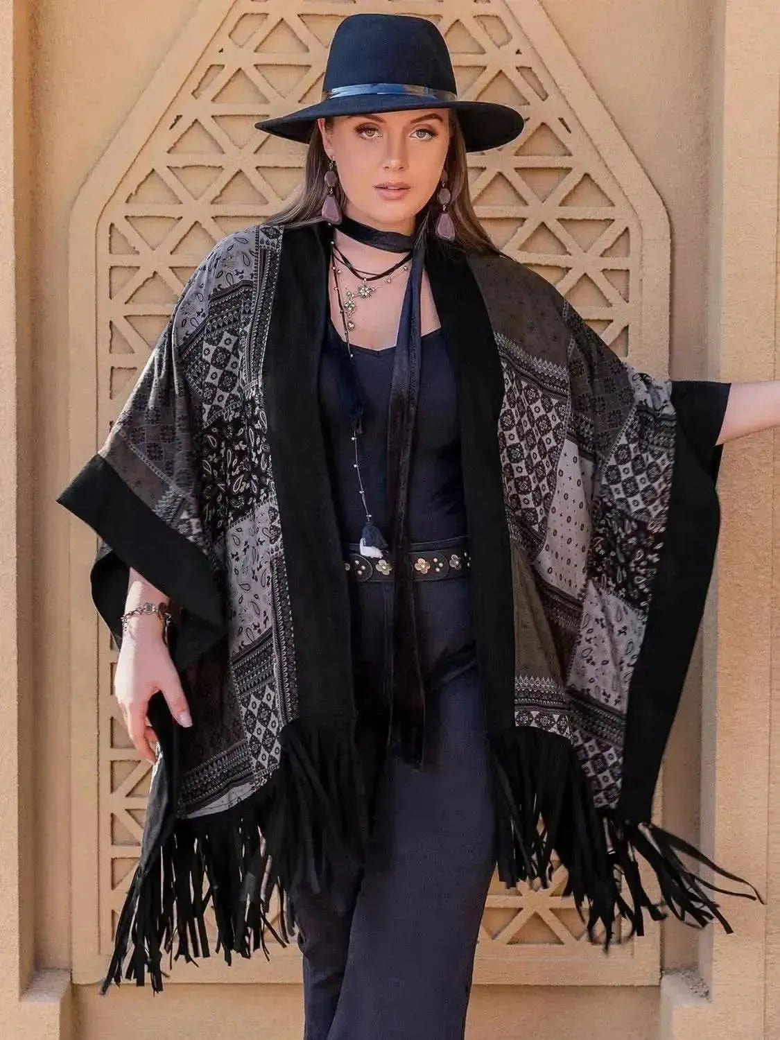 Plus Size Printed Fringe Open Front Outerwear - Bad Moms Club