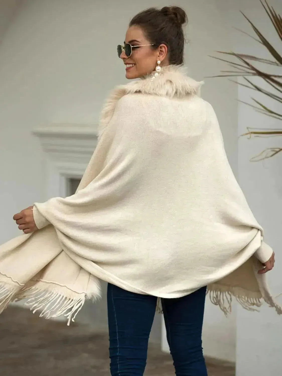 Fringe Open Front Long Sleeve Poncho - Bad Moms Club