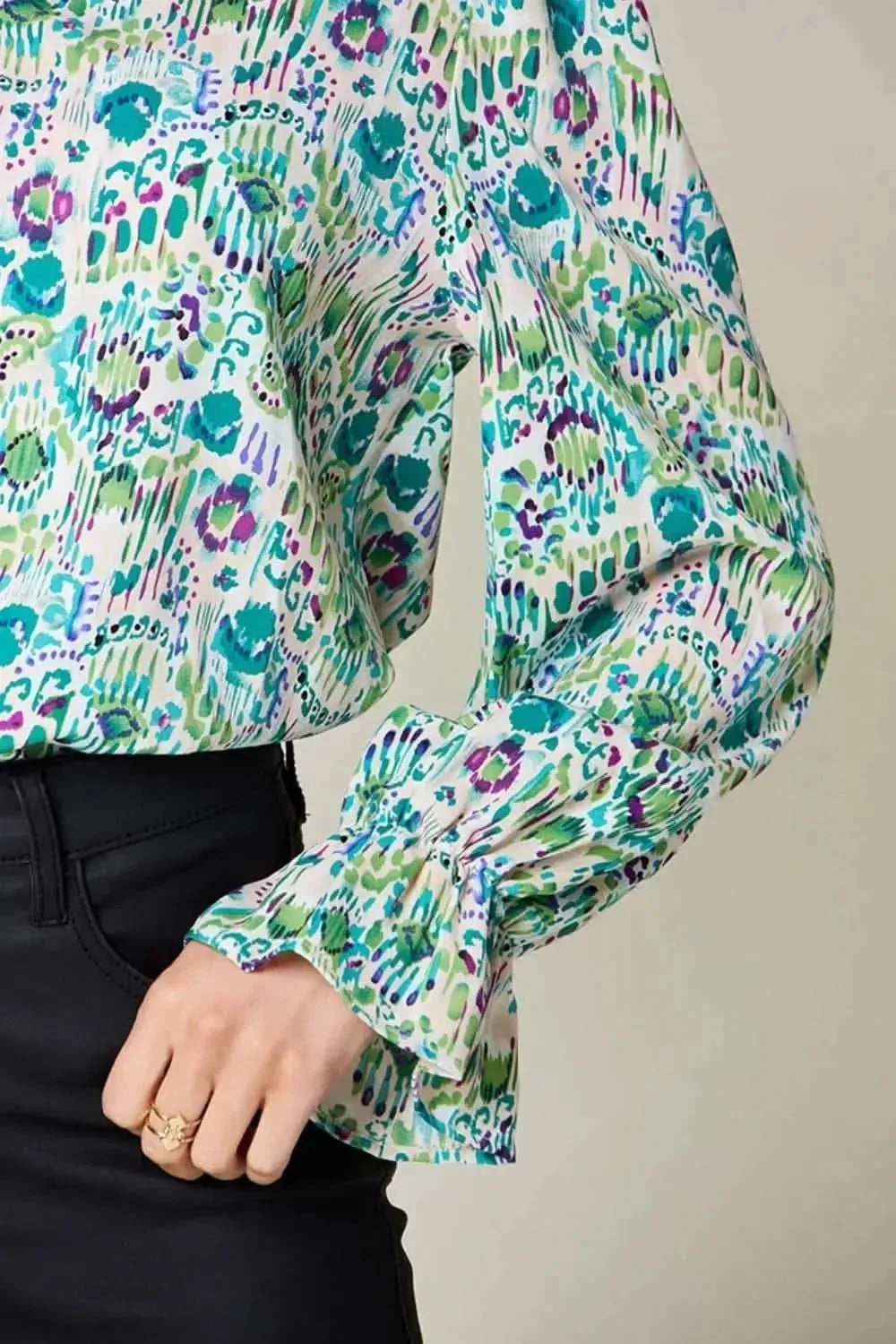 Double Take Full Size Printed Flounce Sleeve Blouse - Bad Moms Club