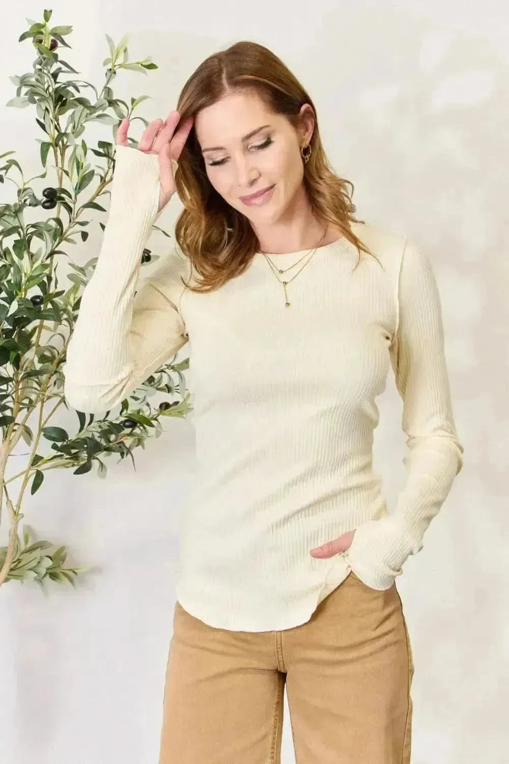 Culture Code Full Size Ribbed Round Neck Long Sleeve Top - Bad Moms Club