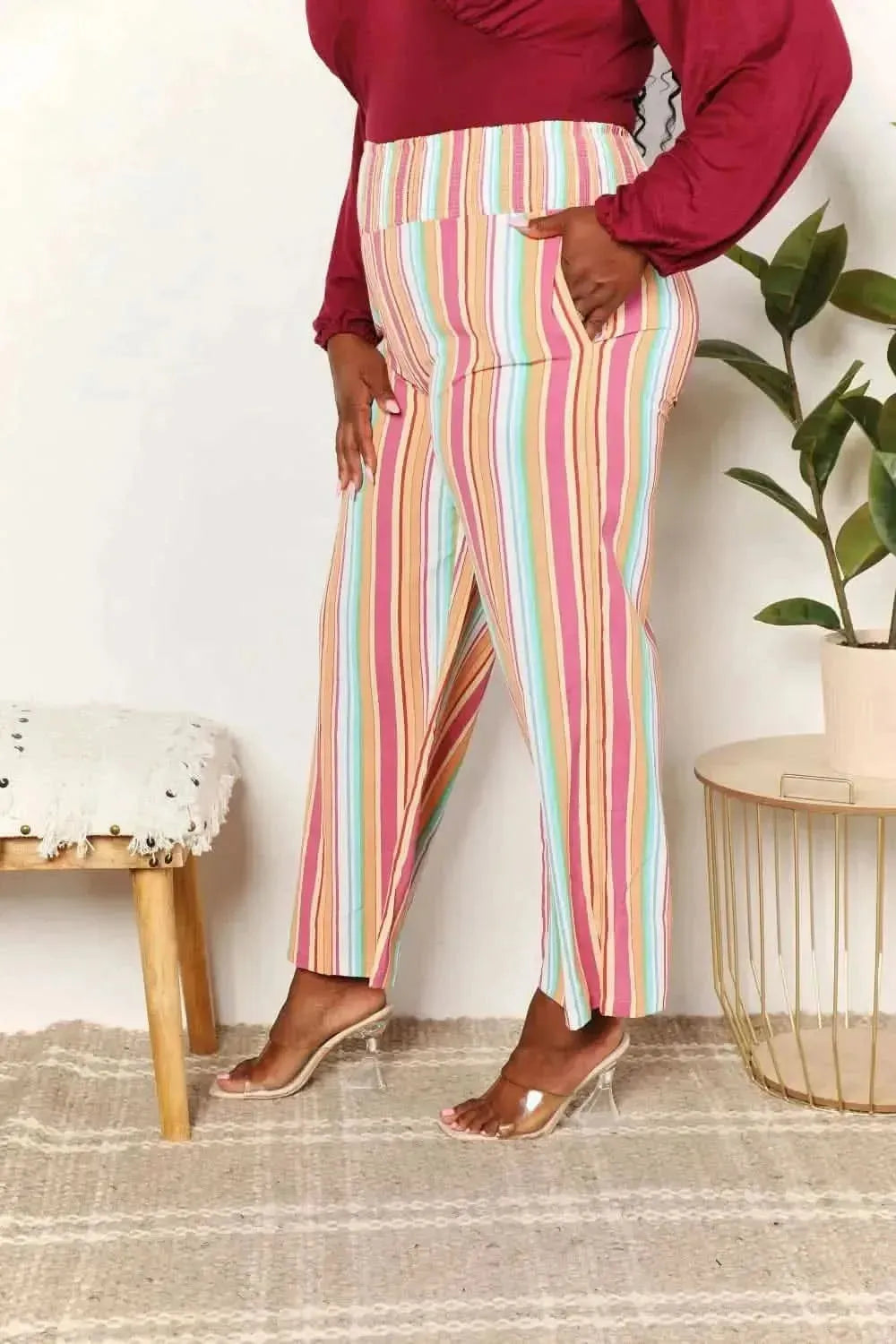 Double Take Striped Smocked Waist Pants with Pockets - Bad Moms Club