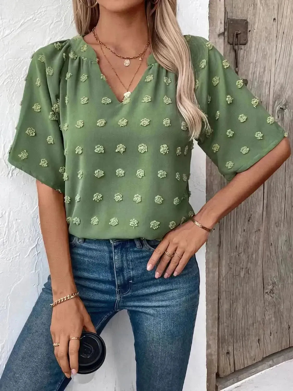 Ivy Lane Swiss Dot Notched Half Sleeve Blouse - Bad Moms Club