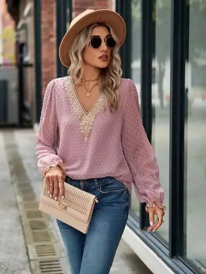 Swiss Dot V-Neck Long Sleeve Blouse - Bad Moms Club
