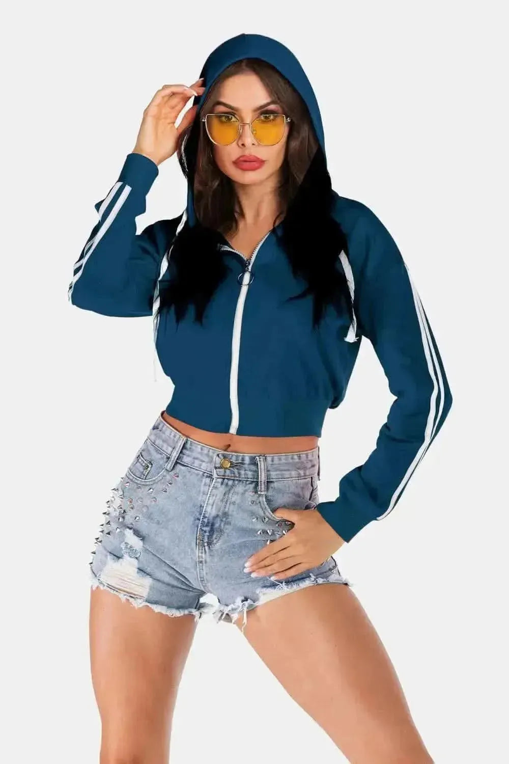 Perfee Side Stripe Drawstring Cropped Hooded Jacket - Bad Moms Club