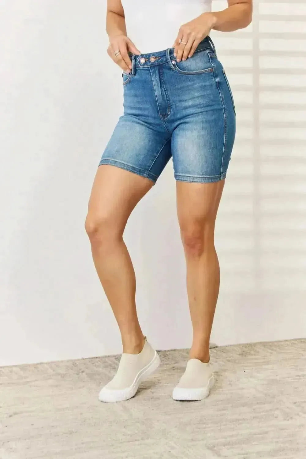 Judy Blue Full Size Tummy Control Double Button Bermuda Denim Shorts - Bad Moms Club