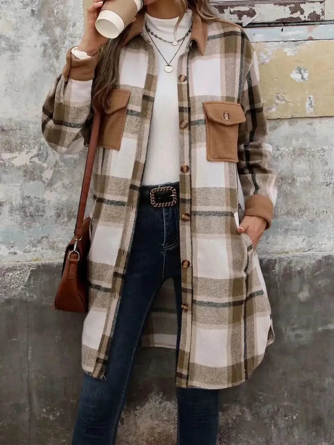 Perfee Plaid Button Up Long Sleeve Coat - Bad Moms Club