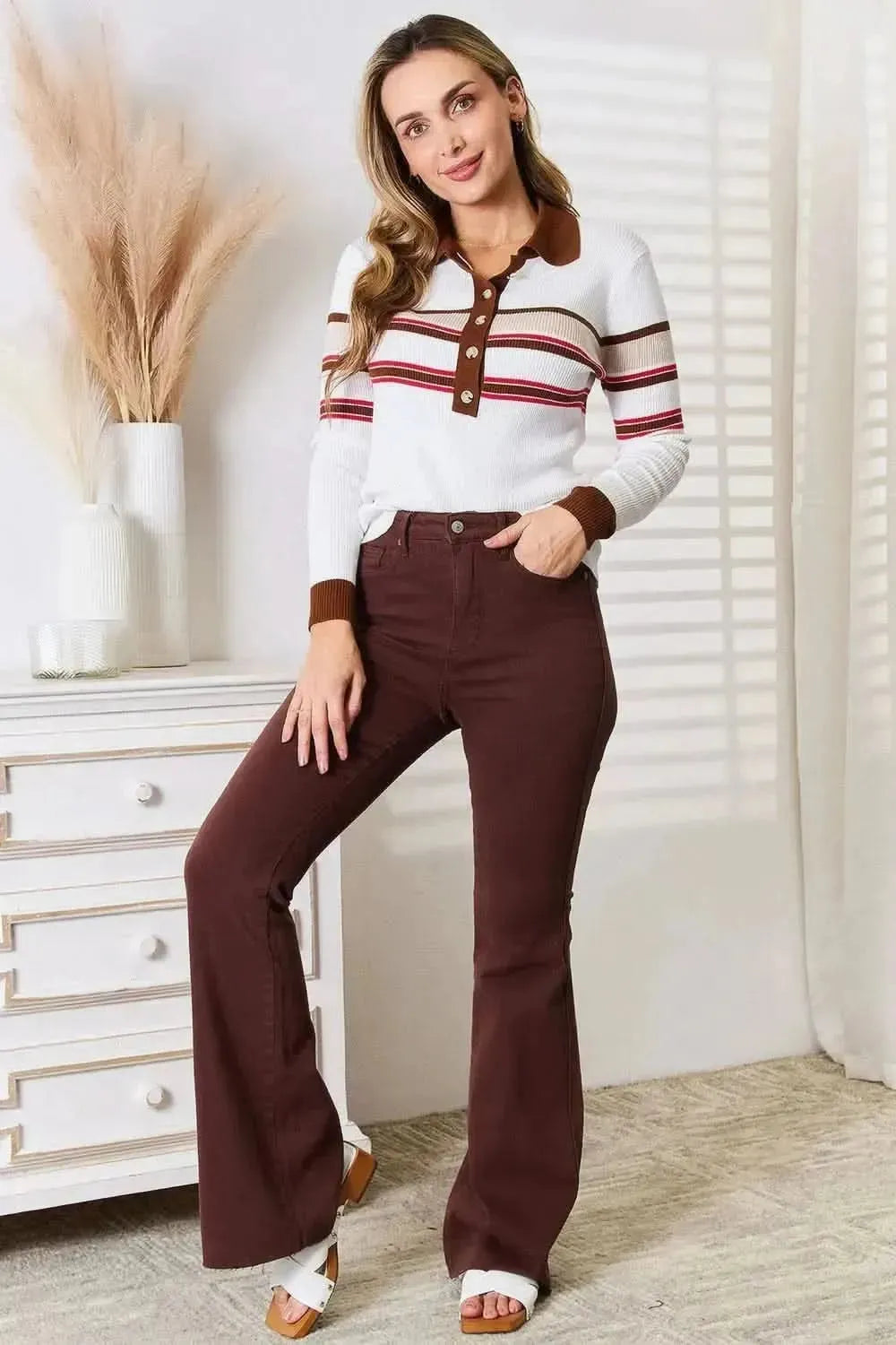 Basic Bae Striped Collared Neck Rib-Knit Top - Bad Moms Club