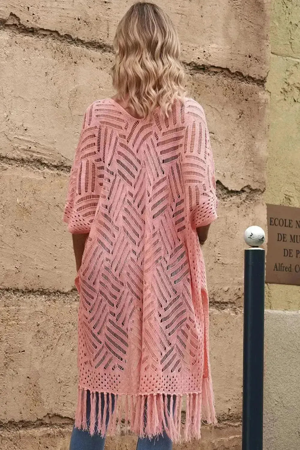Openwork Open Front Cardigan with Fringes - Bad Moms Club