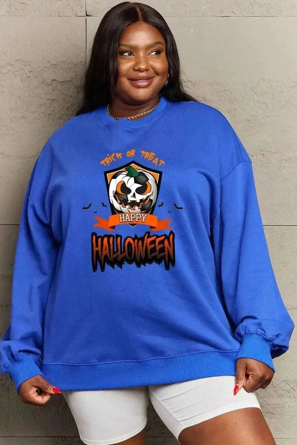 Simply Love Full Size TRICK OR TREAT HAPPY HALLOWEEN Graphic Sweatshirt - Bad Moms Club