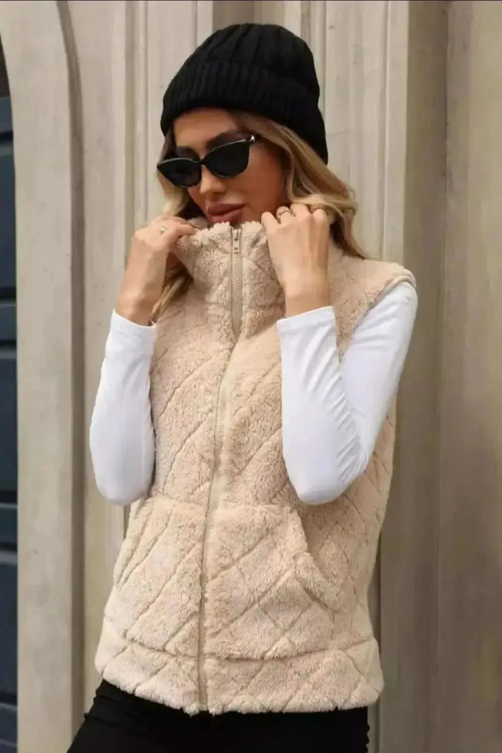 Fuzzy Plaid Texture Zip Up Vest Coat - Bad Moms Club