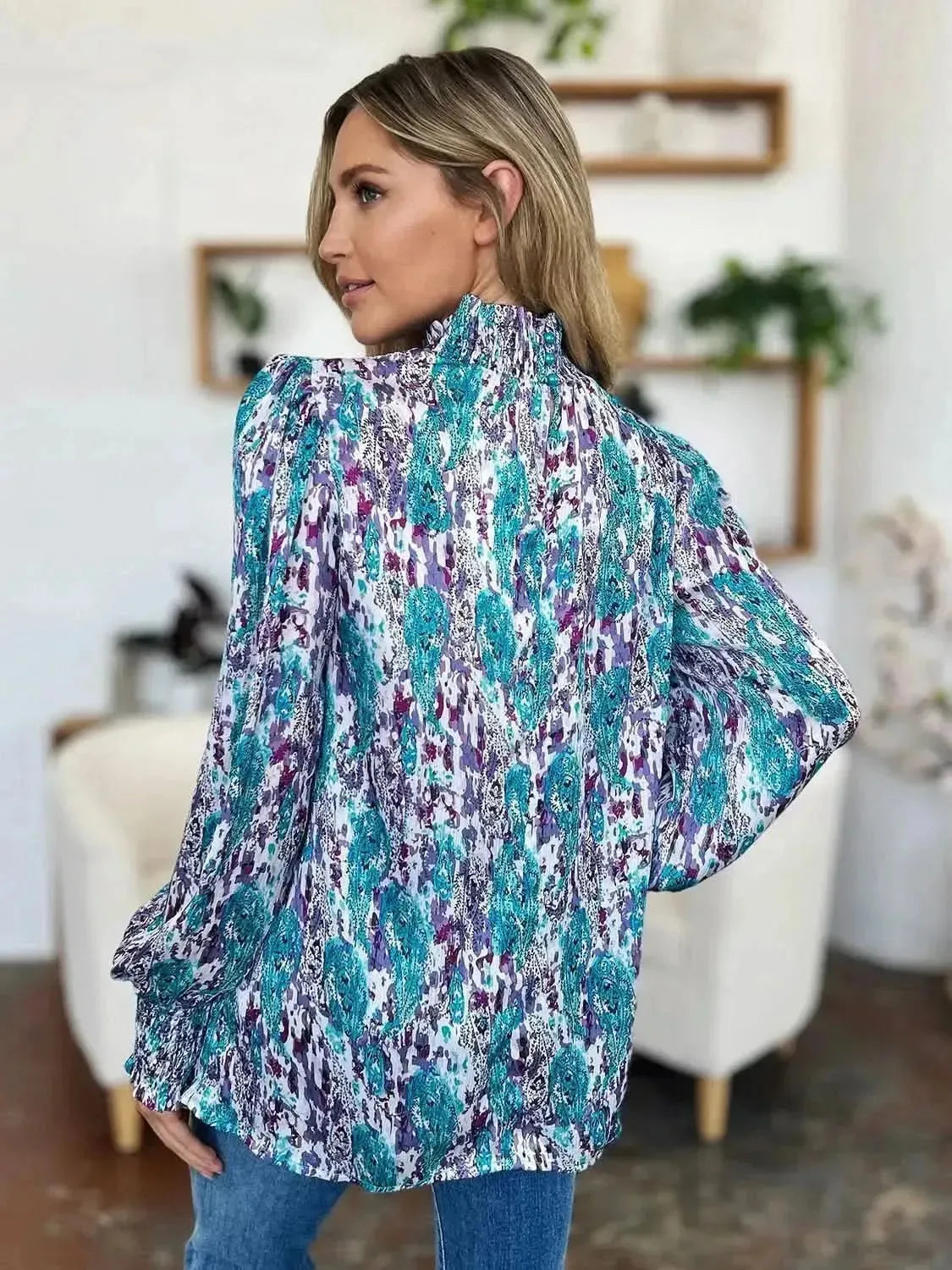 Double Take Full Size Printed Smocked Long Sleeve Blouse - Bad Moms Club