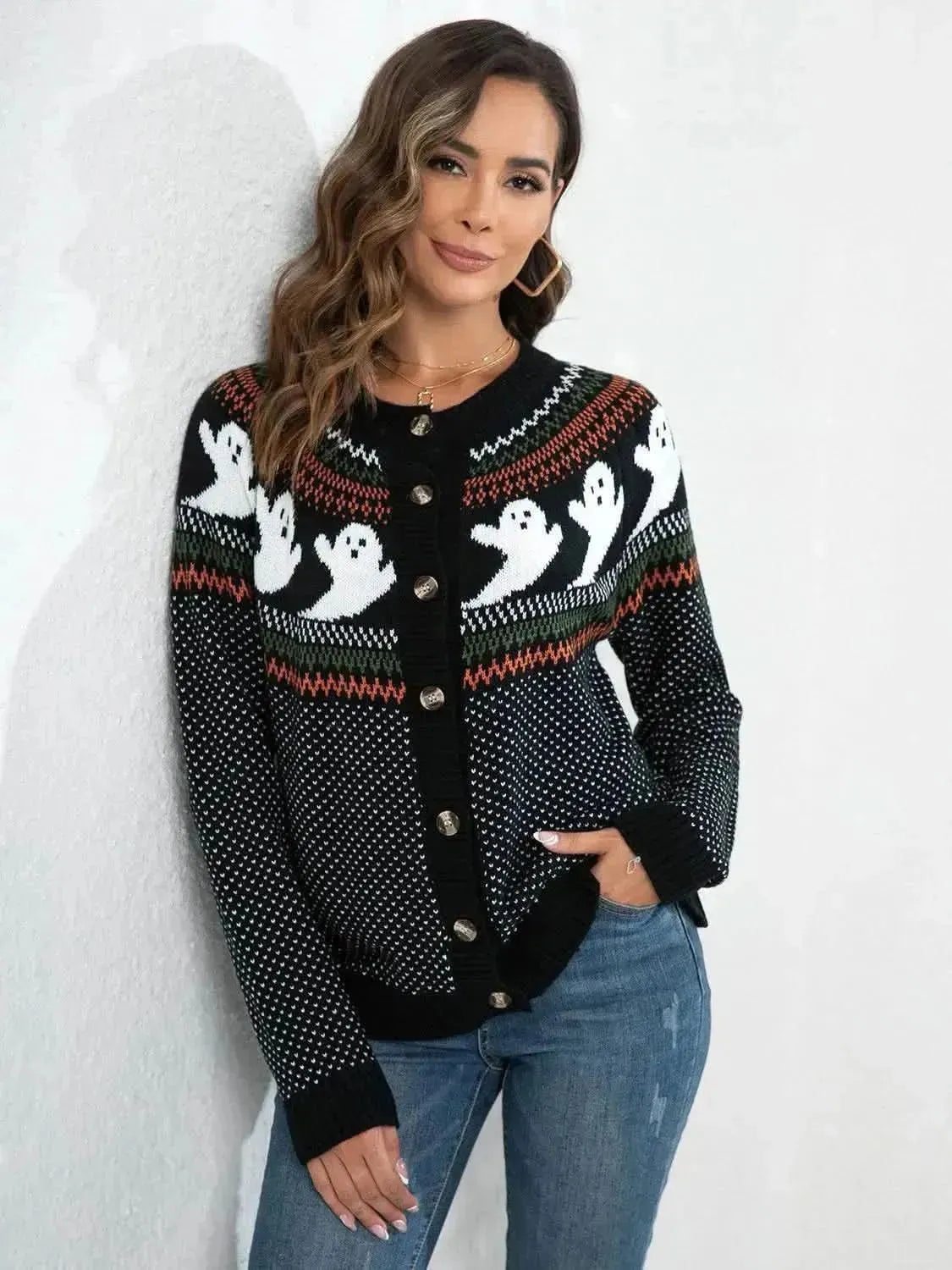 Ghost Button Up Long Sleeve Cardigan - Bad Moms Club