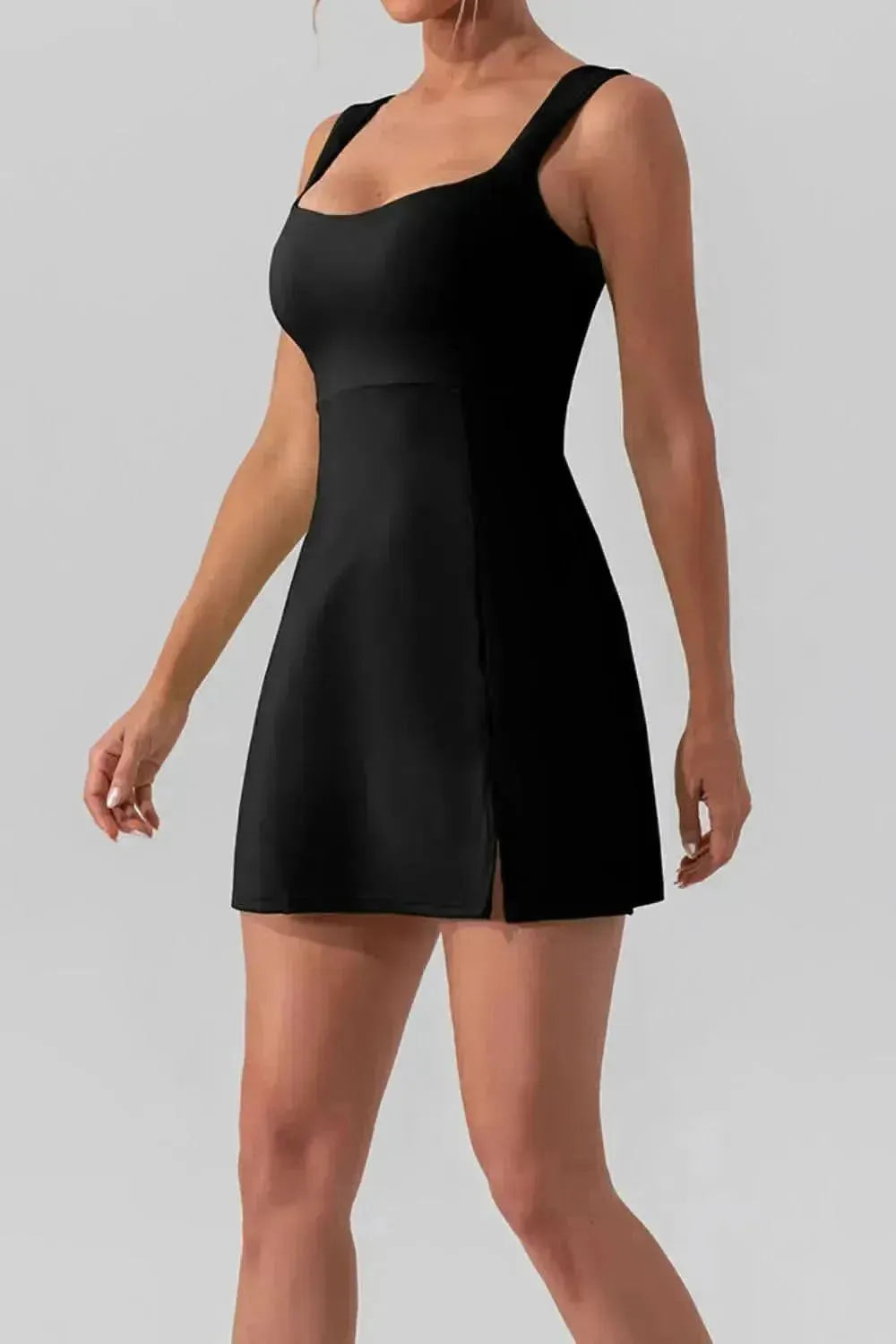 Square Neck Sleeveless Slit Mini Active Dress - Bad Moms Club