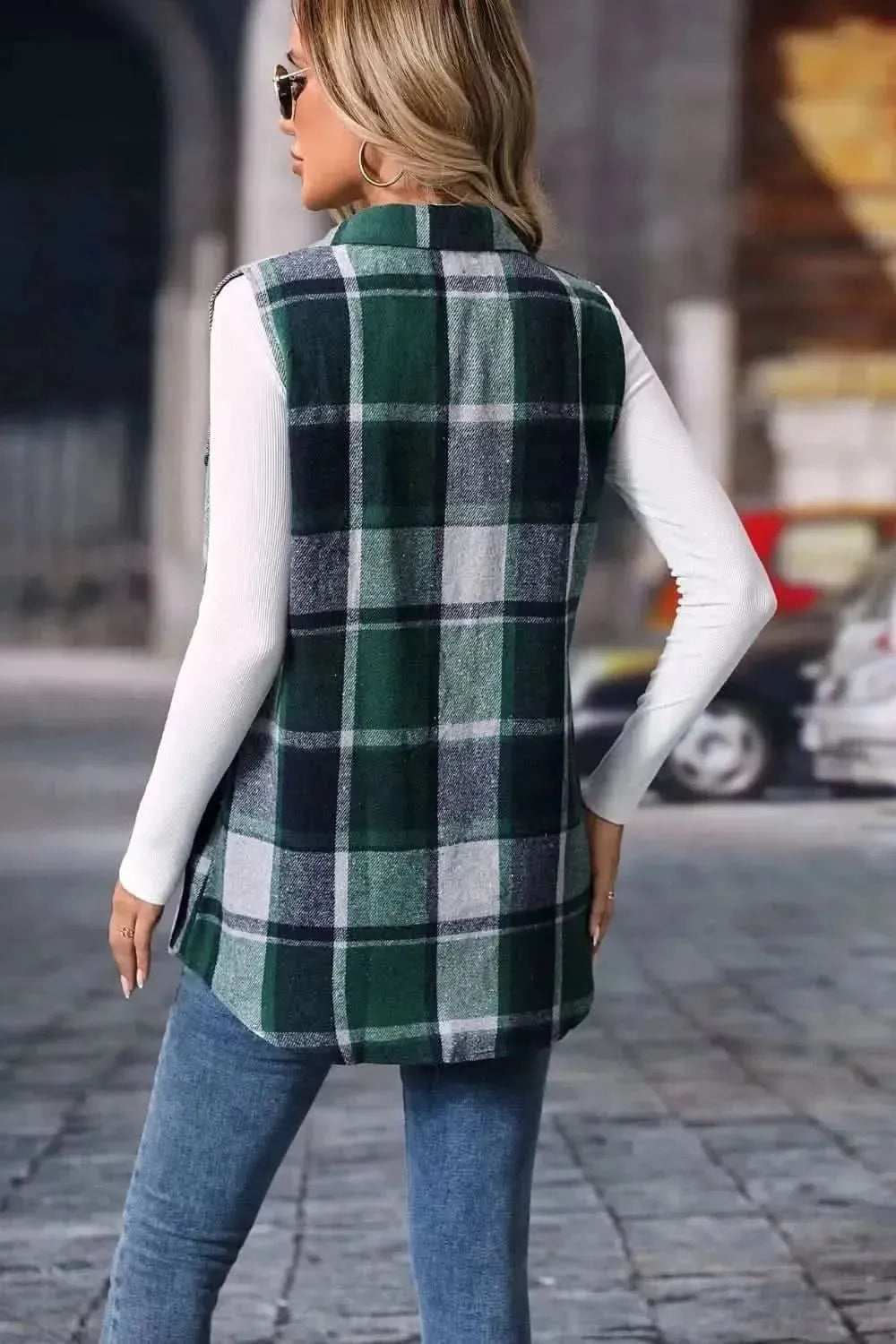 Plaid Button Up Vest Coat - Bad Moms Club