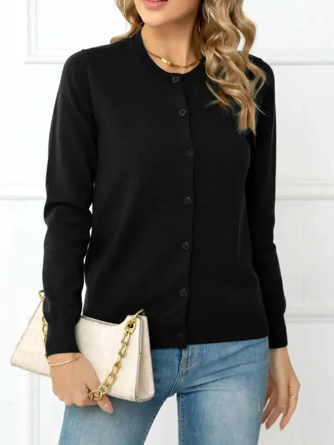 Button Down Round Neck Cardigan - Bad Moms Club