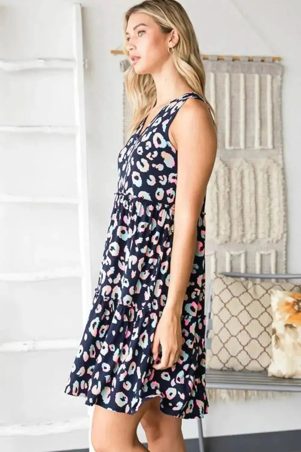 Heimish Full Size Leopard V-Neck Ruffled Tank Dress - Bad Moms Club