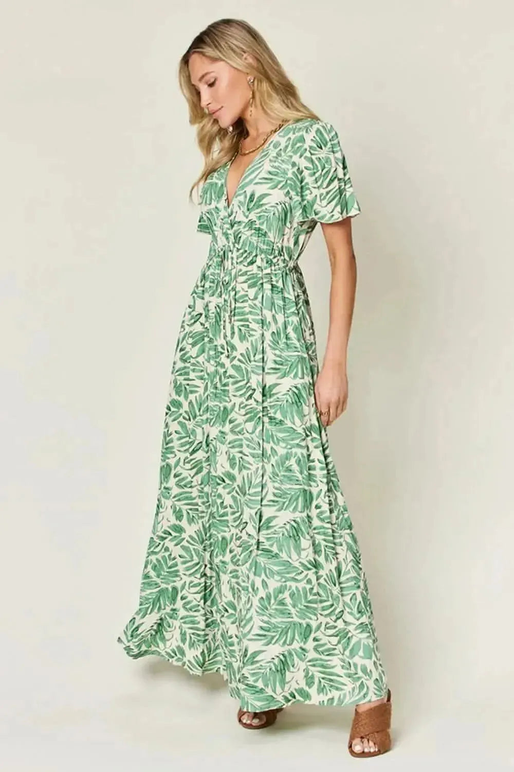 Double Take Full Size Printed Drawstring Short Sleeve Dress - Bad Moms Club
