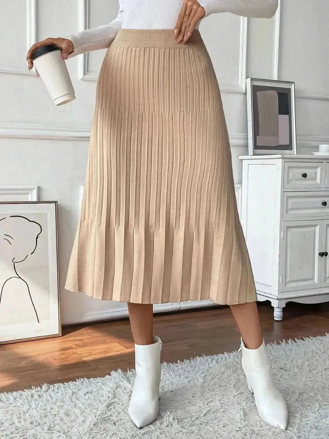 Perfee Pleated Midi Sweater Skirt - Bad Moms Club