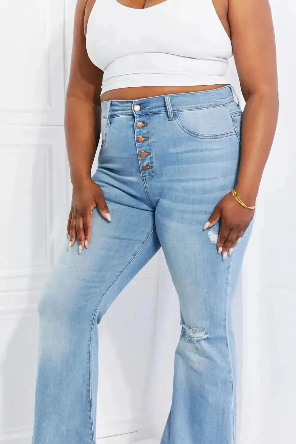 Vibrant MIU Full Size Jess Button Flare Jeans - Bad Moms Club